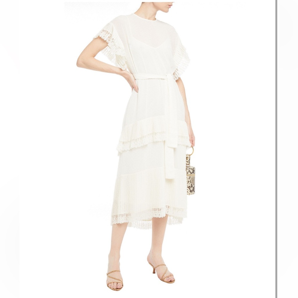 Zimmermann Espionage Pleat Frill lace-trimmed Swiss-dot georgette midi dress